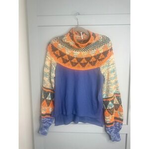 Free People Women's Fair Isle Knit Mix Mock Neck Sweater Blue Orange Size S
